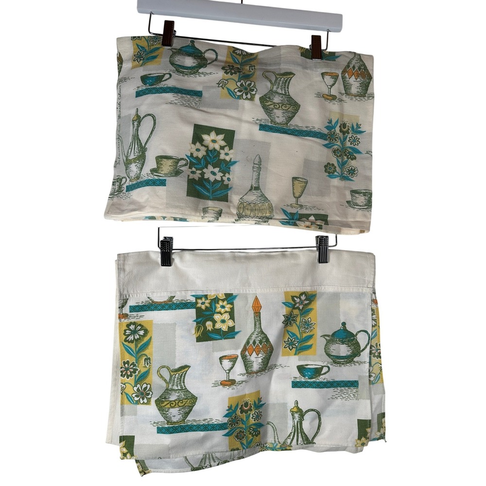 Green Vintage Kitchen Valance Set Table Runner MCM Decanter Floral Retro 7 Piece